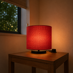 Red Fabric Drum Shade Table Lamp with Black Metal Base