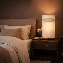 White NightNest Table Lamp with Fabric and Rattan with Black Base