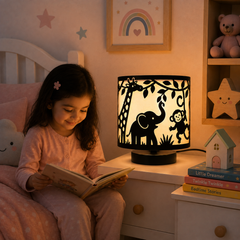 Innore-2-Tier Kids Table Lamp | Geometric Cutwork Fabric Shade |Grey-Pearl white Fabric| MS Base