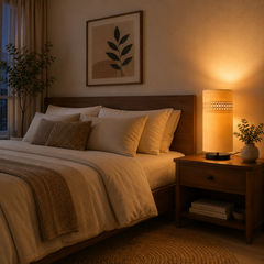 Beige Fabric Table Lamp with Rattan Cane Band,Metal Base