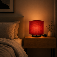 Red Fabric Drum Shade Table Lamp with Black Metal Base