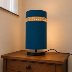 Blue Fabric Table Lamp with Rattan Cane Band, Black Metal Base