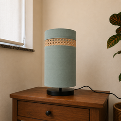 Sage Green Fabric Table Lamp with Rattan Band, Metal Base
