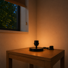 Bedside Table Lamp with Beige Linen Drum Shade and Black Metal Base