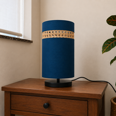 Blue Fabric Table Lamp with Rattan Cane Band, Black Metal Base