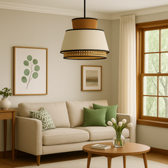 Boho Style - Statement Lampshade with dual color Fabric and Rattan