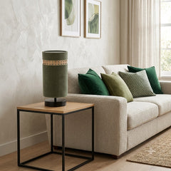 Olive Green Velvet Table Lamp with Rattan Cane Accent Band