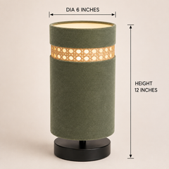 Olive Green Velvet Table Lamp with Rattan Cane Accent Band