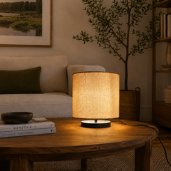 Bedside Table Lamp with Beige Linen Drum Shade and Black Metal Base