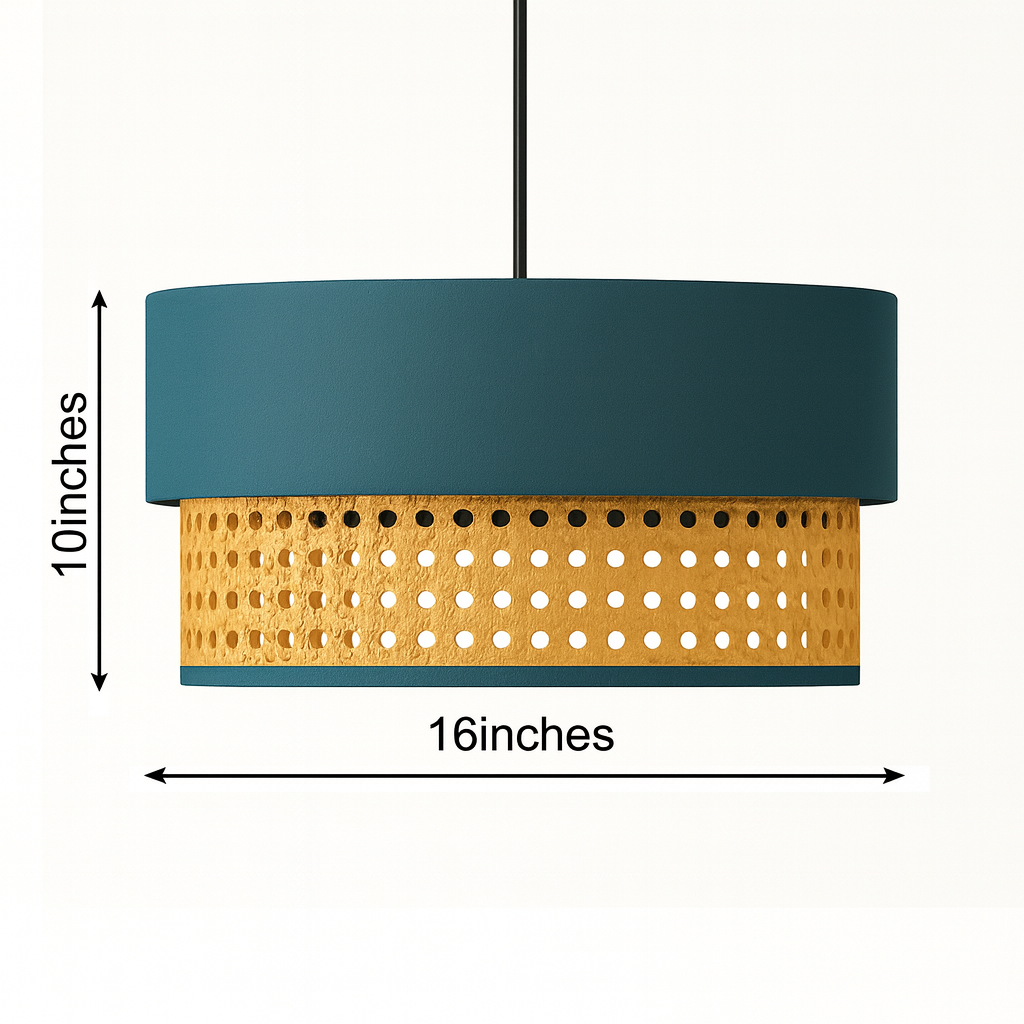 Natural Rattan and Fabric Hanging Blue Lamshade - Soft Teal Color