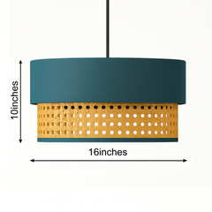 Natural Rattan and Fabric Hanging Blue Lamshade - Soft Teal Color