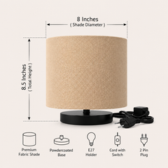 Bedside Table Lamp with Beige Linen Drum Shade and Black Metal Base