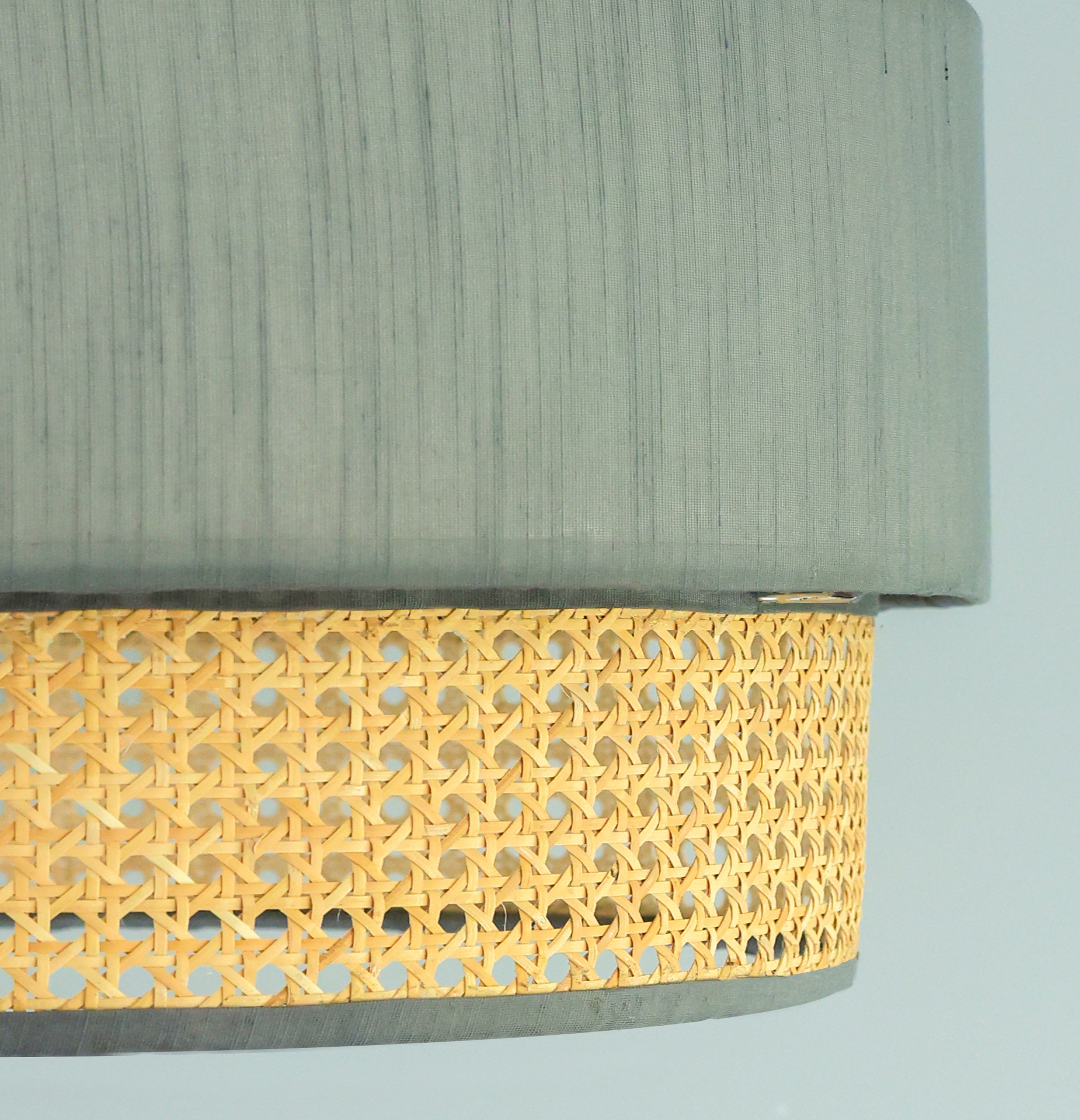 2-Tier Grey Fabric & Rattan Hanging Lampshade