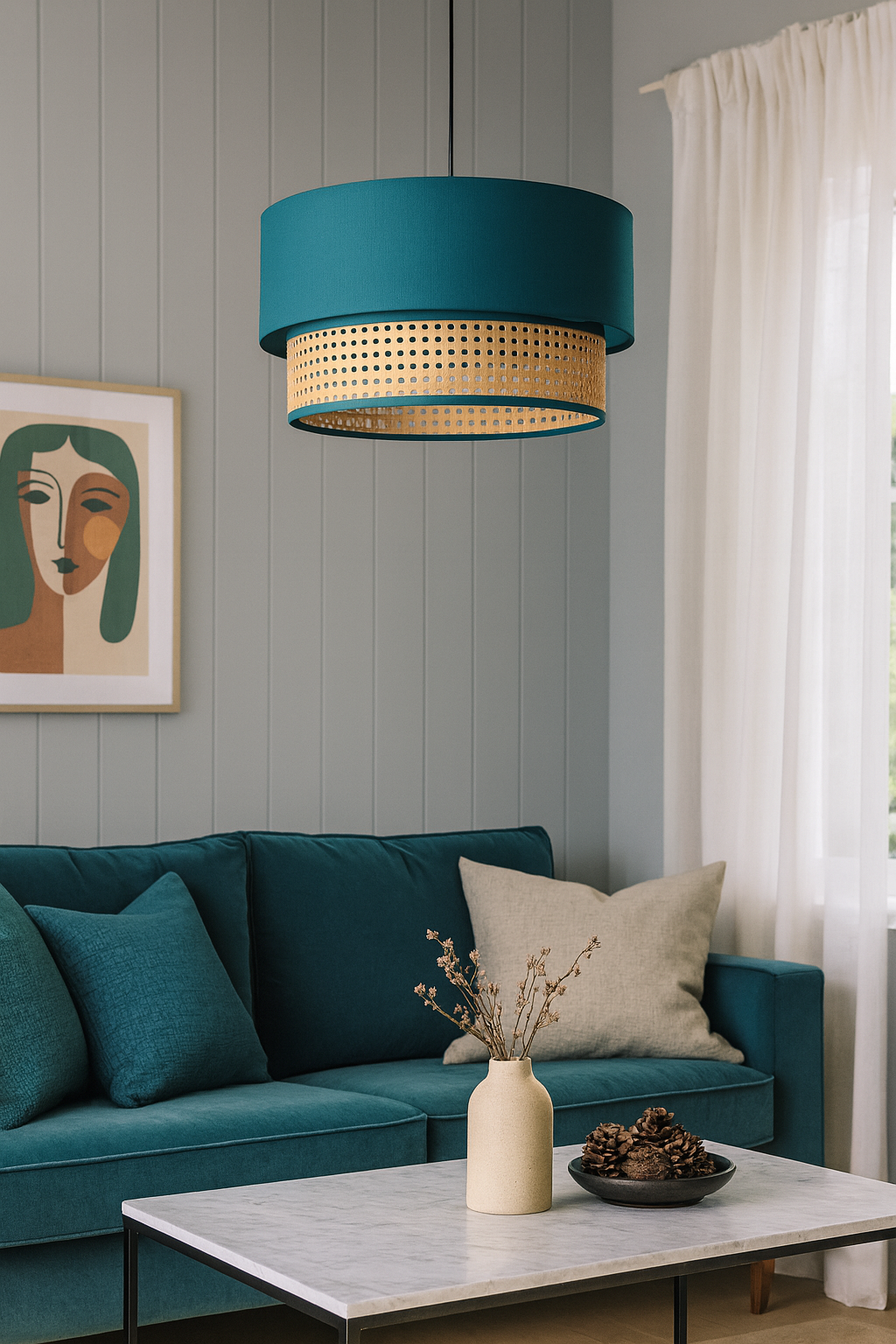 Natural Rattan and Fabric Hanging Blue Lamshade - Soft Teal Color