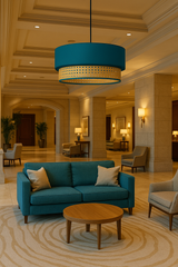 Natural Rattan and Fabric Hanging Blue Lamshade - Soft Teal Color