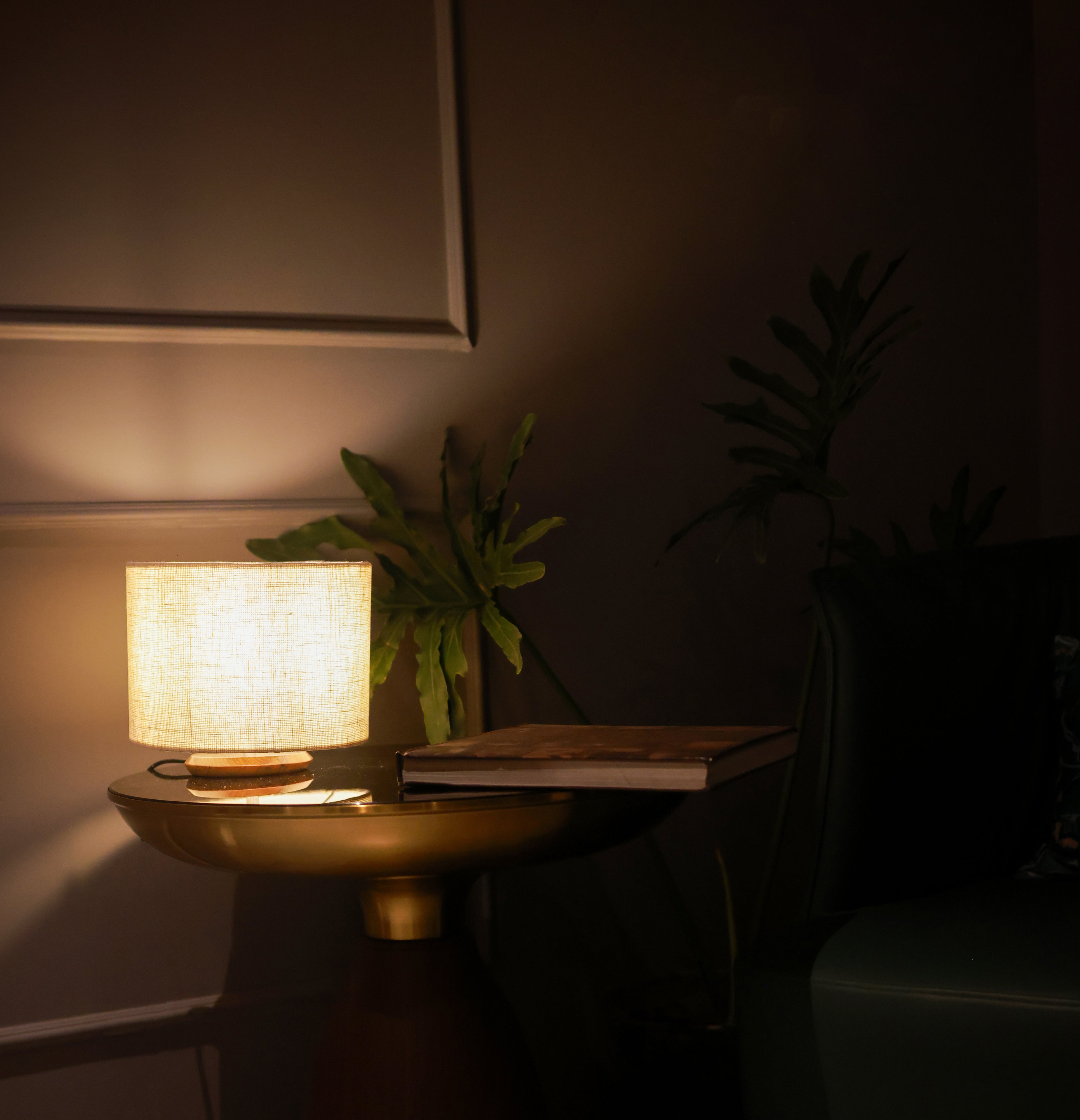 White Premium Fabric Table Lamp with Teak Wood Base