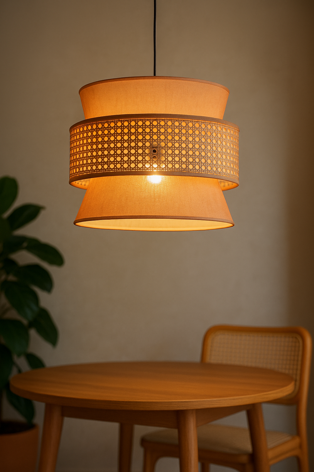 3-Tier Fabric & Rattan Hanging Lampshade