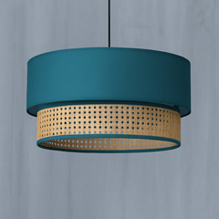 Natural Rattan and Fabric Hanging Blue Lamshade - Soft Teal Color