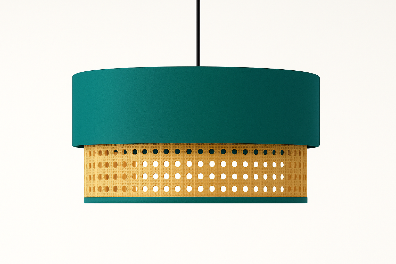 Natural Rattan and Fabric Hanging Blue Lamshade - Soft Teal Color