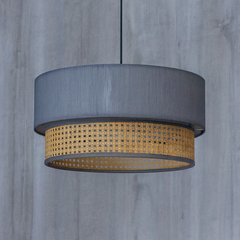 2-Tier Grey Fabric & Rattan Hanging Lampshade