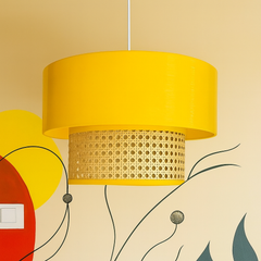 Rattan and Fabric Hanging Lampshade - Soothing Yellow