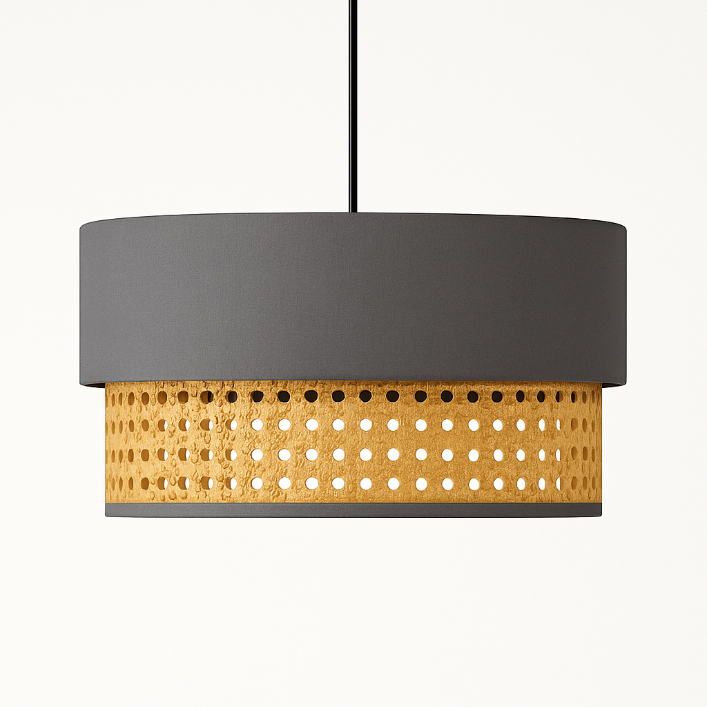 2-Tier Grey Fabric & Rattan Hanging Lampshade