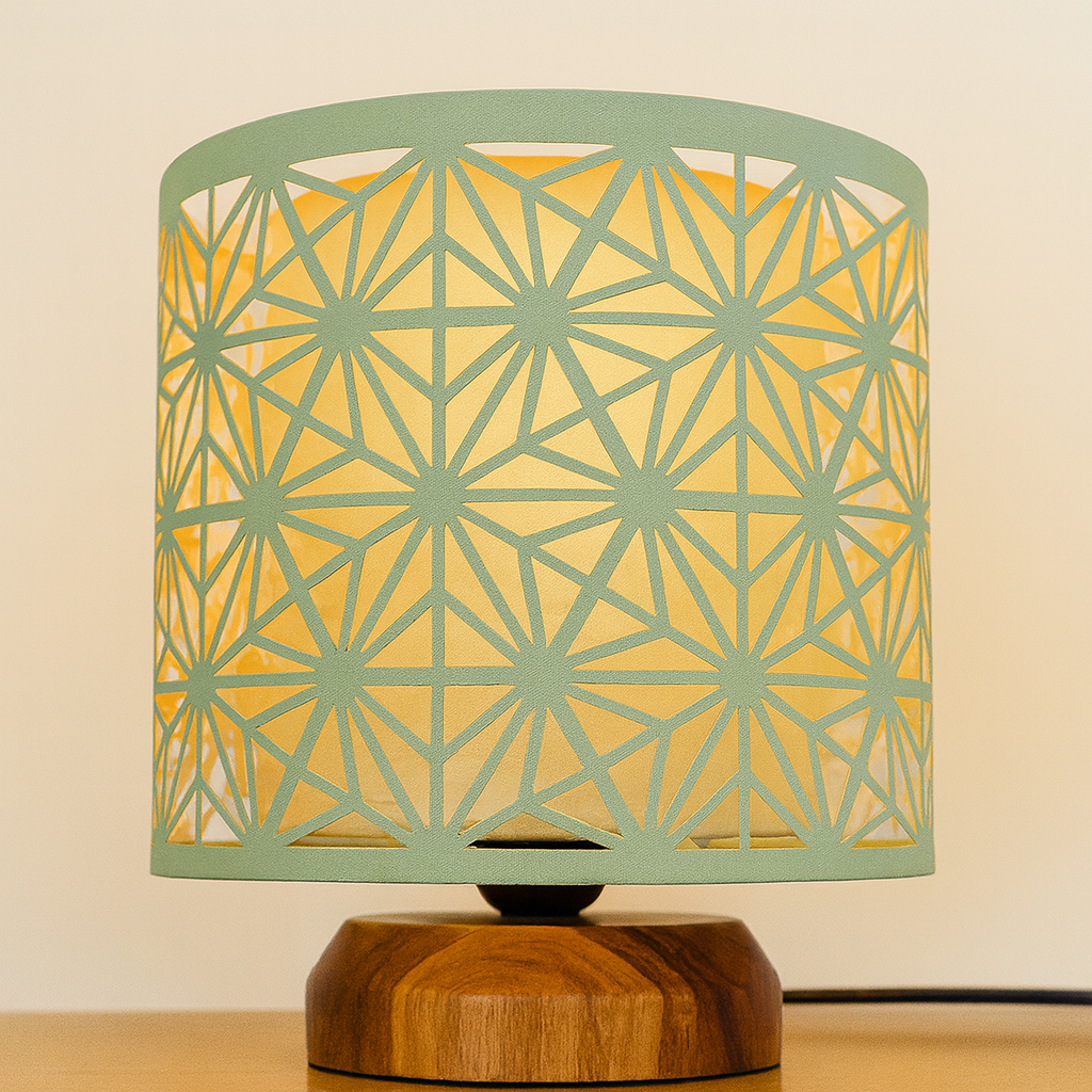 Double Layer Decorative Fabric Table Lamp with Teak Wood Base