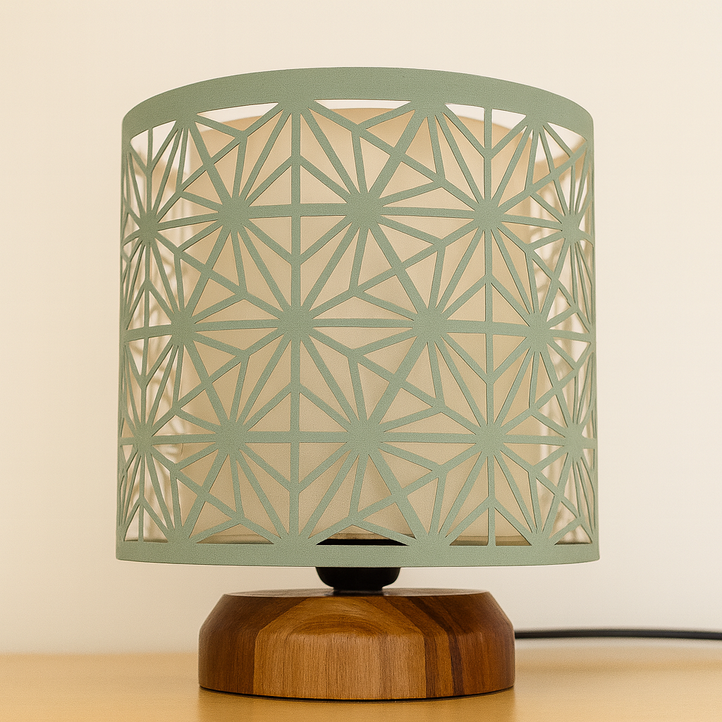 Double Layer Decorative Fabric Table Lamp with Teak Wood Base