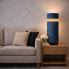 Blue NightNest Table Lamp with Fabric and Rattan with Black Base