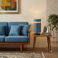 Teal Blue Velvet Table Lamp with Rattan Cane Accent Band