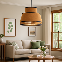 Boho Style - Statement Lampshade with Beige color Fabric and Rattan