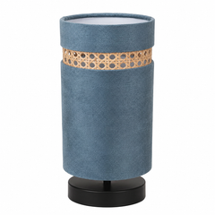 Teal Blue Velvet Table Lamp with Rattan Cane Accent Band