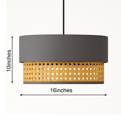 2-Tier Grey Fabric & Rattan Hanging Lampshade