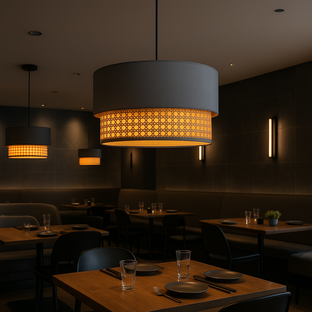 2-Tier Grey Fabric & Rattan Hanging Lampshade