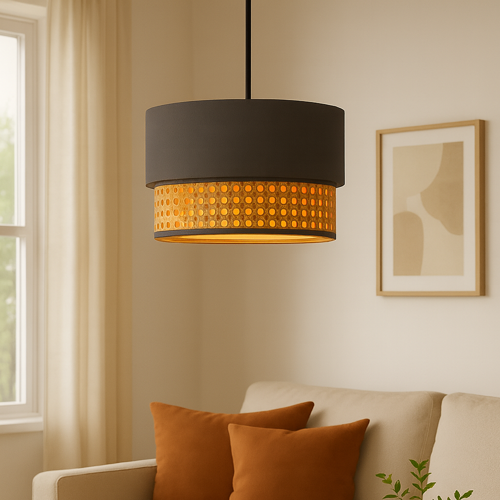 Natural Rattan and fabric Hanging Lampshade - Grey