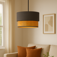 Natural Rattan and fabric Hanging Lampshade - Grey