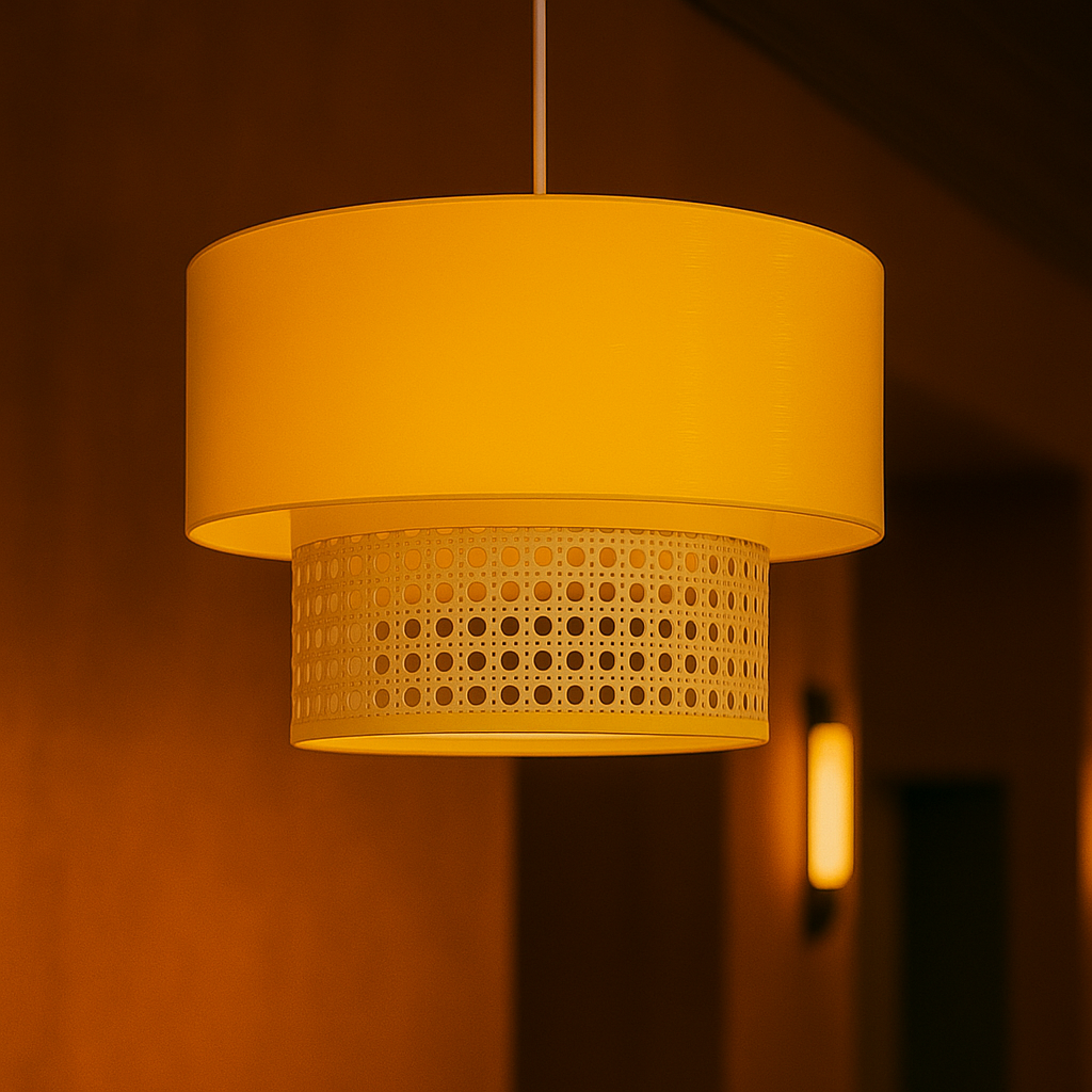 Rattan and Fabric Hanging Lampshade - Soothing Yellow
