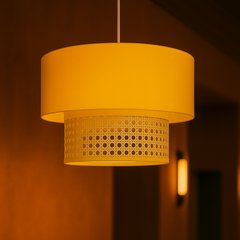 Rattan and Fabric Hanging Lampshade - Soothing Yellow