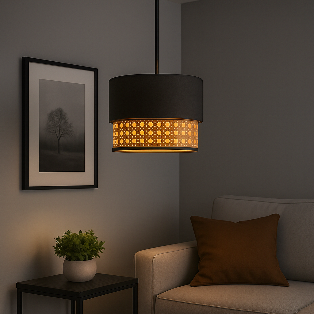 Natural Rattan and fabric Hanging Lampshade - Grey