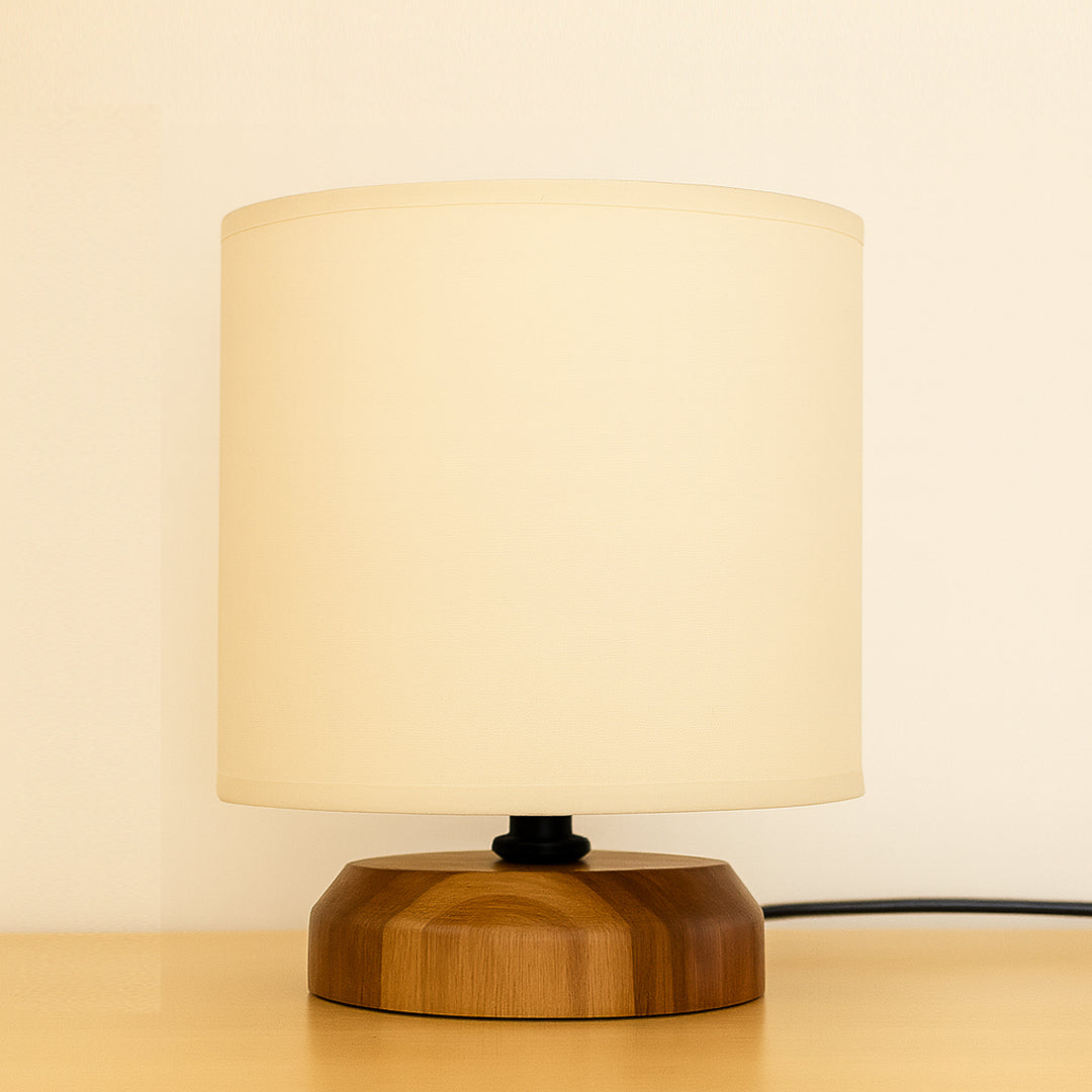 White Premium Fabric Table Lamp with Teak Wood Base