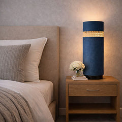 Blue NightNest Table Lamp with Fabric and Rattan with Black Base
